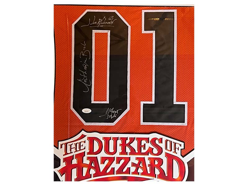 Dukes of Hazzard Catherine Bach John Schneider Tom Wopat Framed Jersey JSA 27x40