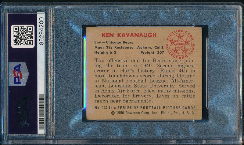 Ken Kavanaugh Signed/Autographed 1950 Bowman Card #137 Chicago Bears PSA/DNA 190592