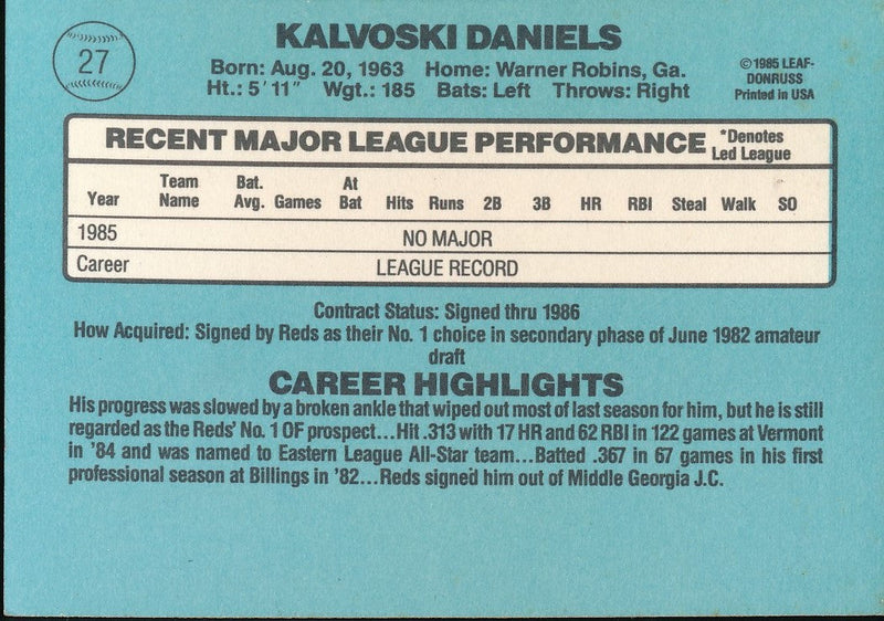 Kal Daniels Signed/Autographed 1986 Leaf-Donruss Card #27 Cincinnati Reds 192287