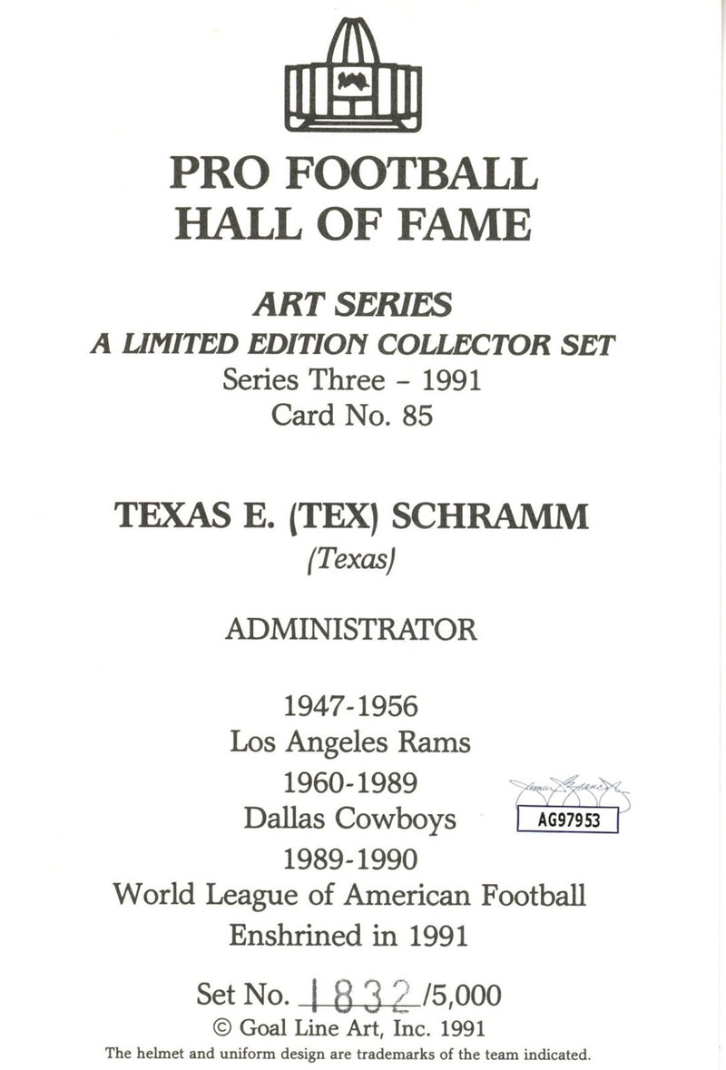 Texas E. "Tex" Schramm HOF Autographed Goal Line Art GLAC Postcard Cowboys JSA