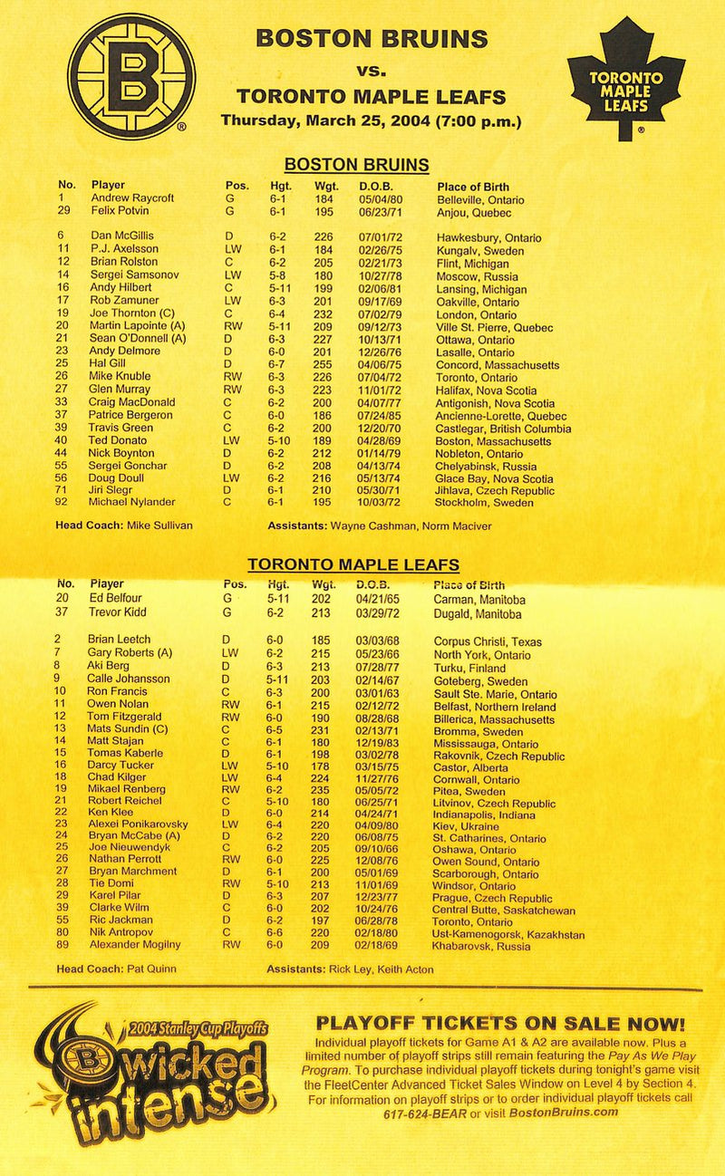 March 25 2004  Boston Bruins vs Toronto Maple Leafs Offical  Game Program 182033