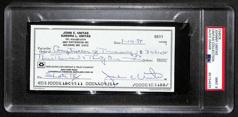 Johnny Unitas Signed 1/14/99 Check PSA/DNA MINT 9 188671