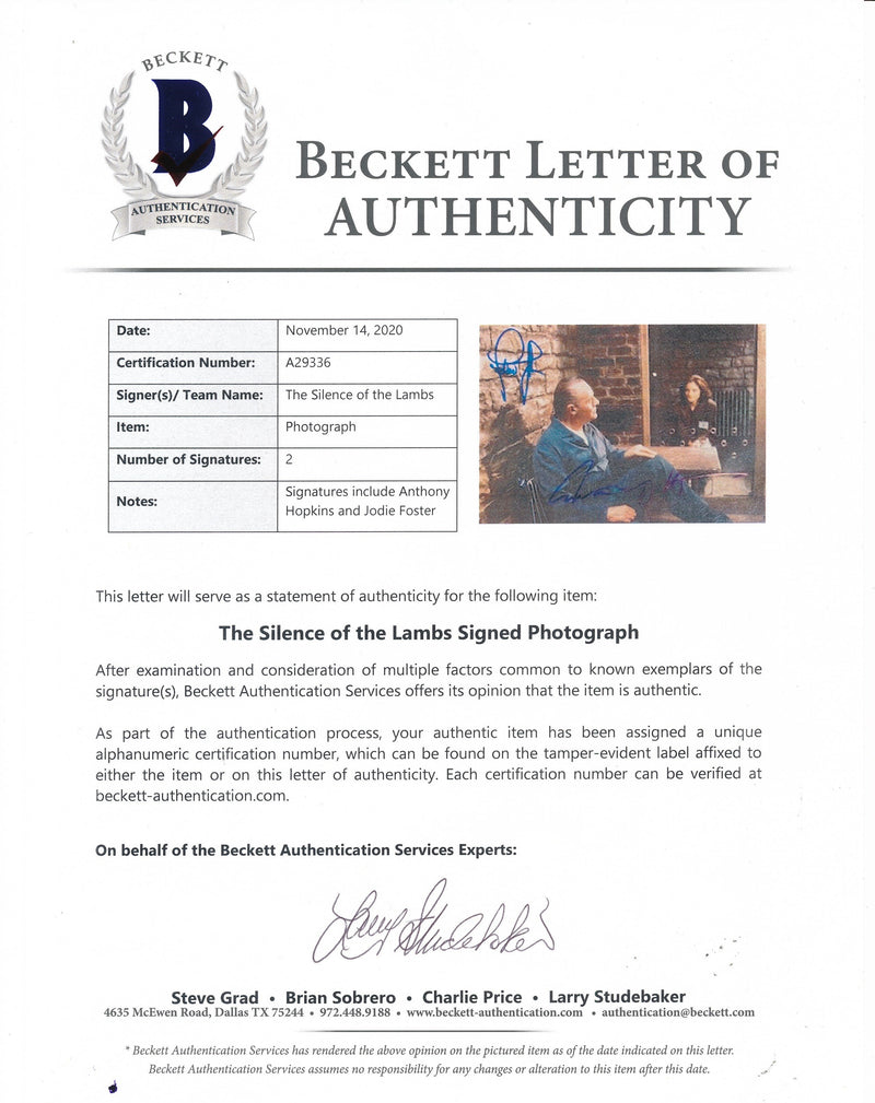 Hopkins/Foster Dual-Signed 8x10 Photo "Silence of the Lambs" Beckett 190285