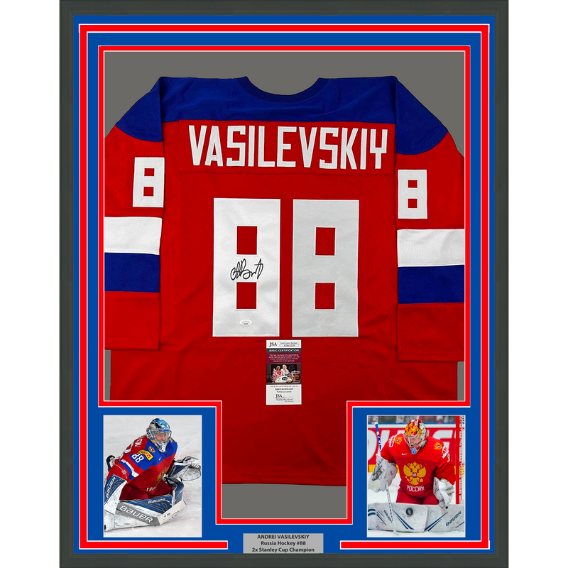 Framed Autographed/Signed Andrei Vasilevskiy 35x39 Team Russia Red Olympics Hockey Jersey JSA COA