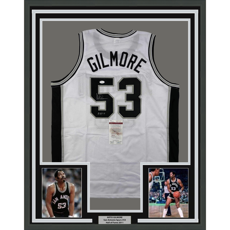 Framed Autographed/Signed Artis Gilmore HOF 11 35x39 San Antonio White Basketball Jersey JSA COA