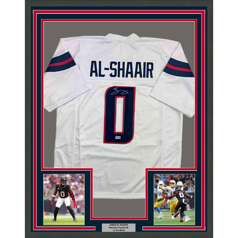 Framed Autographed/Signed Azeez Al Shaair 35x39 Houston White Football Jersey Beckett BAS COA