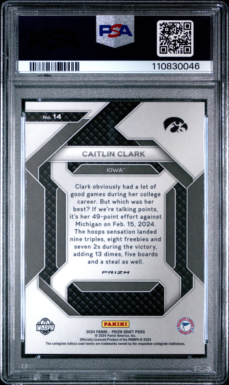 Graded 2024 Panini Prizm Draft Picks Caitlin Clark #14 New Recruits Silver Prizm Rookie RC Basketball Card PSA 10 Gem Mint