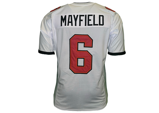 White sports jersey with 'Mayfield' and number '6' on a white background