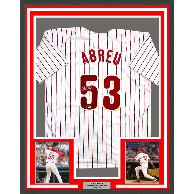 Framed Autographed/Signed Bobby Abreu 35x39 Philadelphia Pinstripe Baseball Jersey Beckett BAS COA