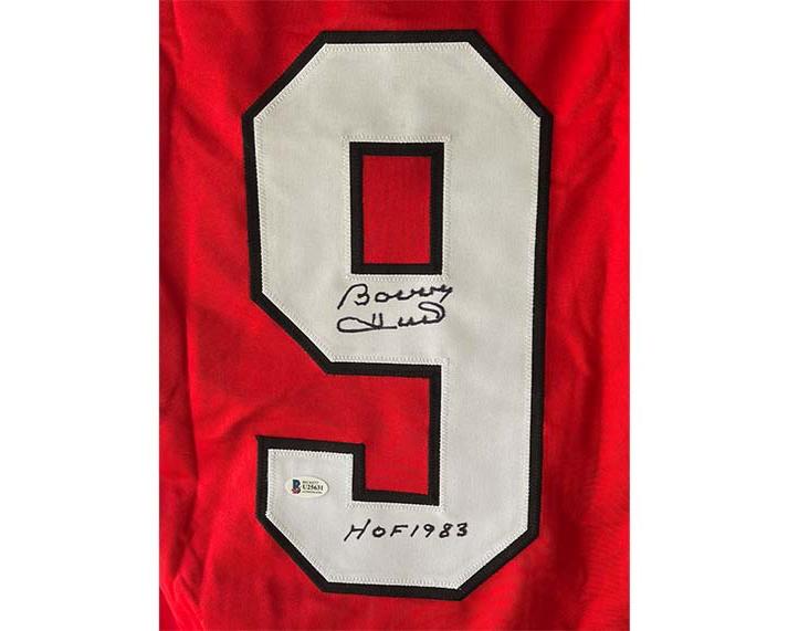 Bobby Hull Autographed Red Custom Hockey Jersey HOF 1983 Inscription (JSA)