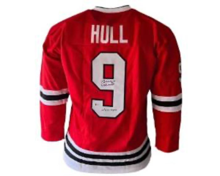 Bobby Hull Autographed Red Custom Hockey Jersey HOF 1983 Inscription (JSA)