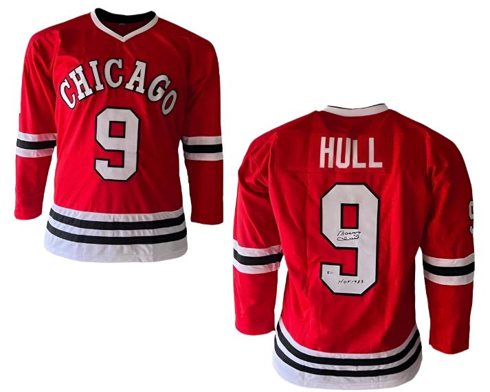 Bobby Hull Autographed Red Custom Hockey Jersey HOF 1983 Inscription (JSA)