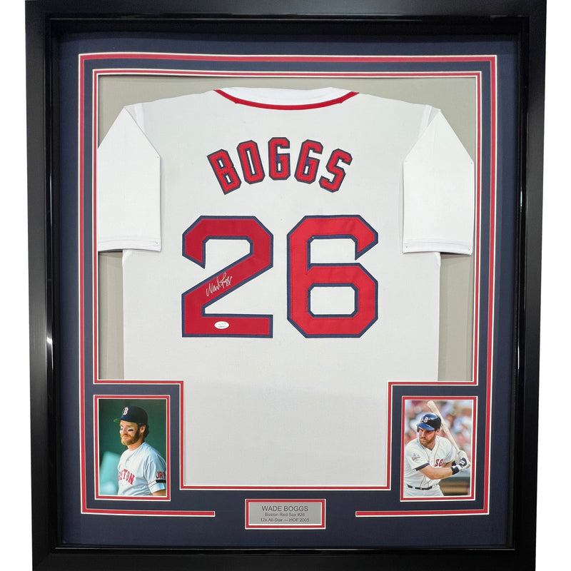Framed Autographed/Signed Wade Boggs 35x39 Boston White Baseball Jersey JSA COA
