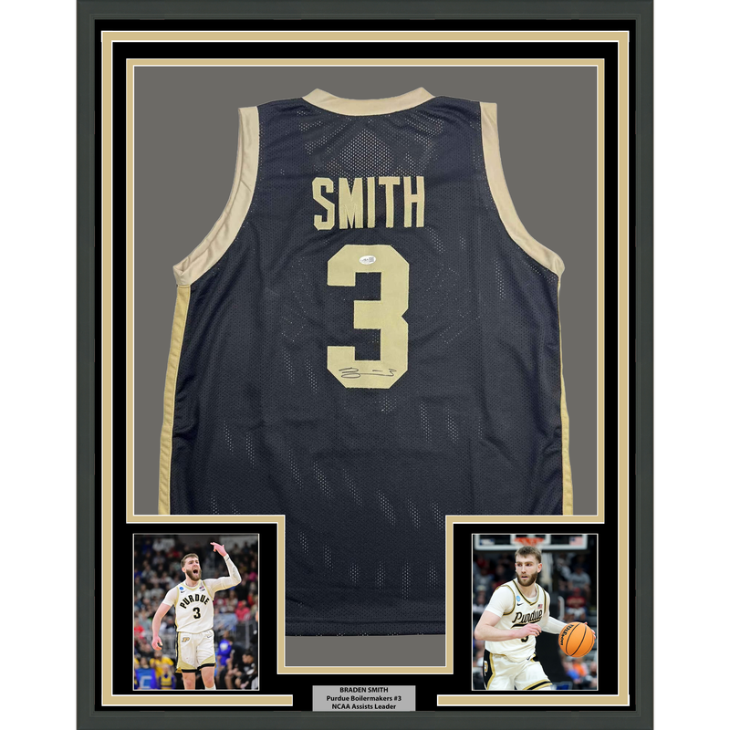 Framed Autographed/Signed Braden Smith 35x39 Purdue Black College Basketball Jersey JSA COA