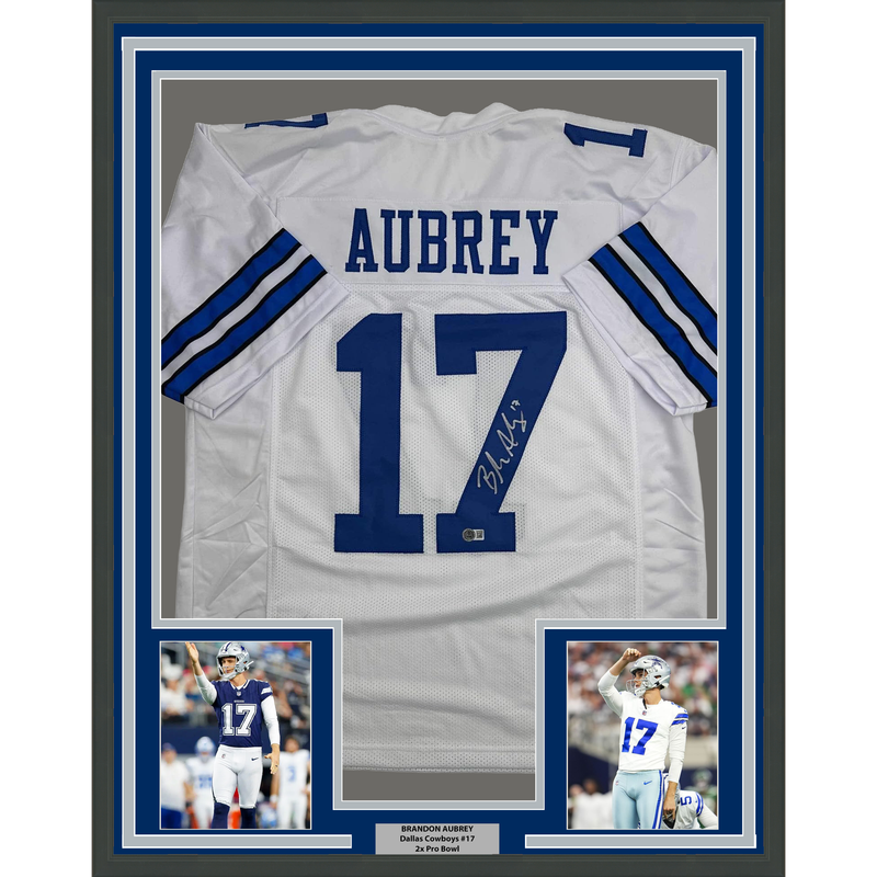Framed Autographed/Signed Brandon Aubrey 35x39 Dallas White Football Jersey Beckett BAS COA