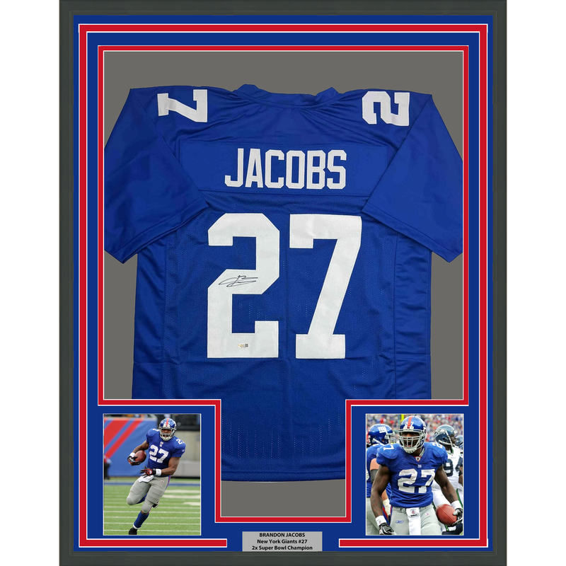 Framed Autographed/Signed Brandon Jacobs 35x39 New York Blue Football Jersey Beckett BAS COA