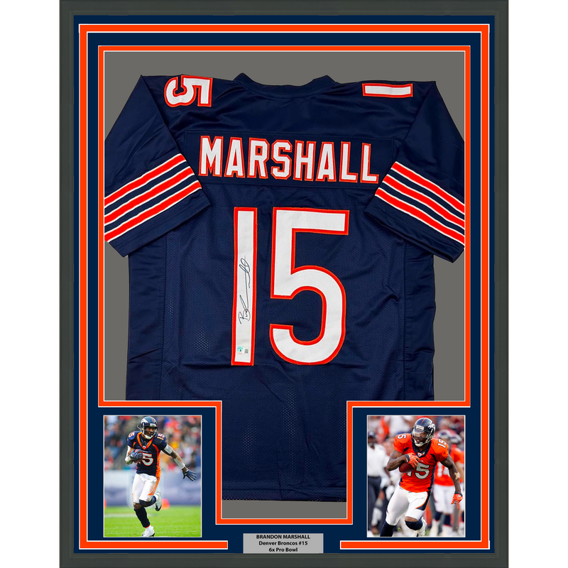 Framed Autographed/Signed Brandon Marshall 35x39 Chicago Blue Football Jersey Beckett BAS COA
