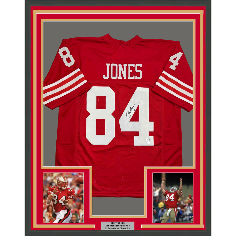 Framed Autographed/Signed Brent Jones 35x39 San Francisco Red Football Jersey Beckett BAS COA