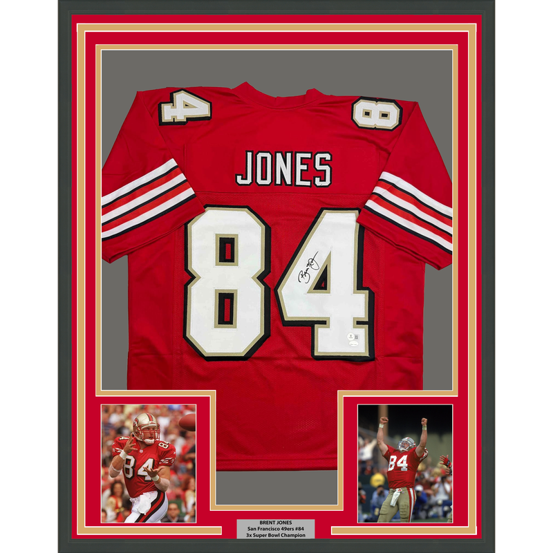 Framed Autographed/Signed Brent Jones 35x39 San Francisco Red Alternate Football Jersey Beckett BAS COA