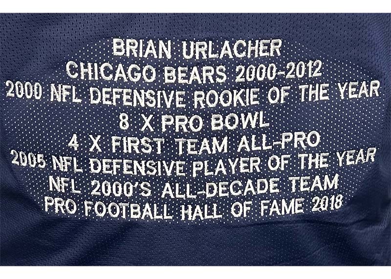 Brian Urlacher Signed HOF 18 Inscription Chicago Blue Football Stats Jersey Beckett