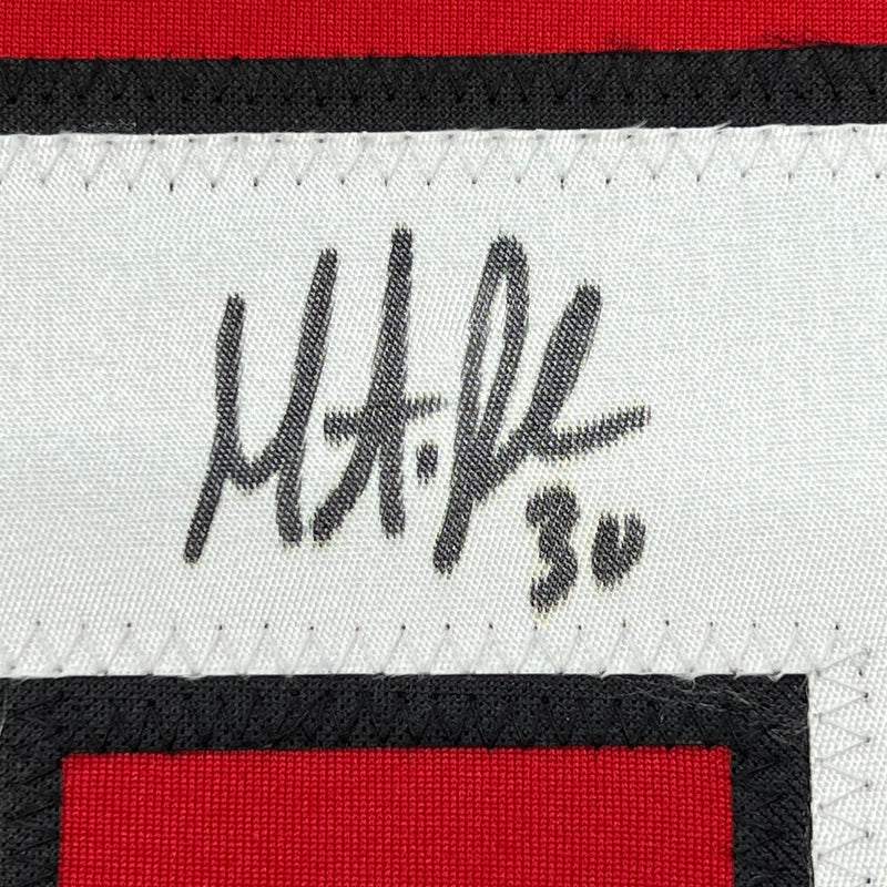 Framed Autographed/Signed Martin Brodeur 35x39 New Jersey Red Hockey Jersey JSA COA