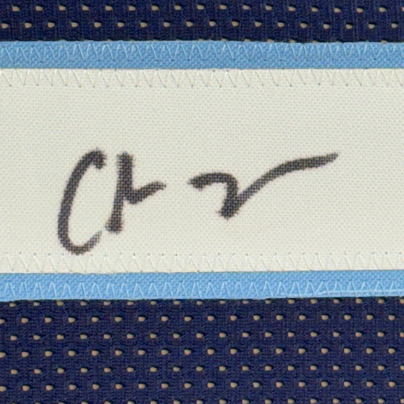 Framed Autographed/Signed Chris Johnson 35x39 Tennessee Dark Blue Football Jersey JSA COA