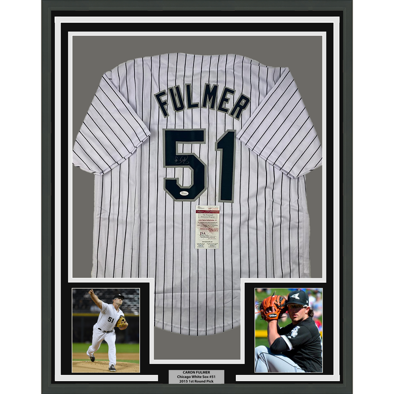 Framed Autographed/Signed Carson Fulmer 35x39 Chicago Pinstripe Baseball Jersey JSA COA