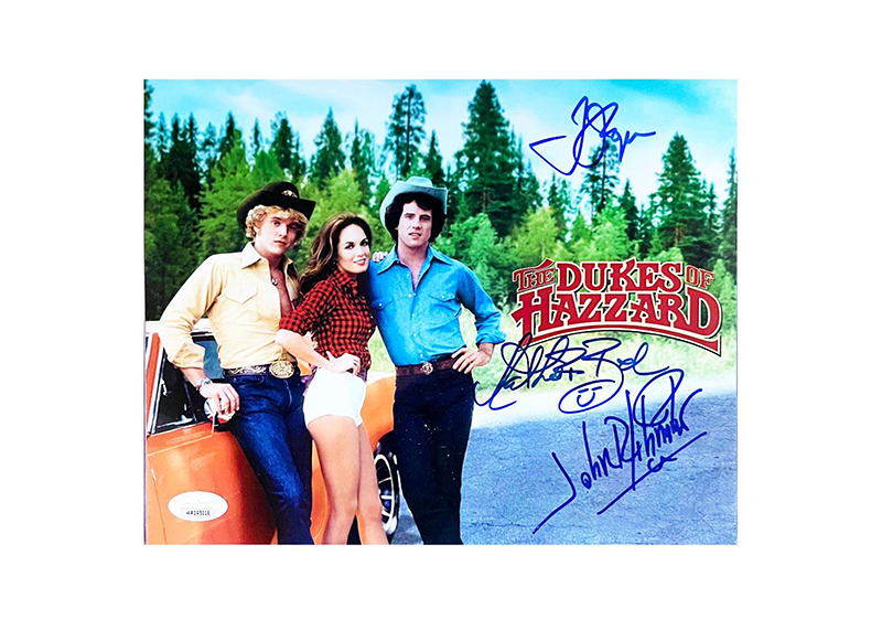 Catherine Bach, Schneider, Wopat Signed Dukes of Hazzard 8x10 Photo Pose JSA