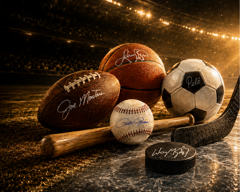 Autographed sports memorabilia including football, basketball, baseball and hockey items