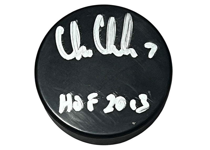 Chris Chelios Signed Hockey Puck HOF 2013 Inscription BECKETT