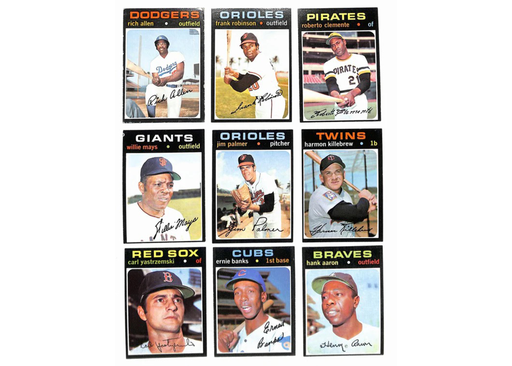 Collection of vintage baseball trading cards featuring players from various teams.