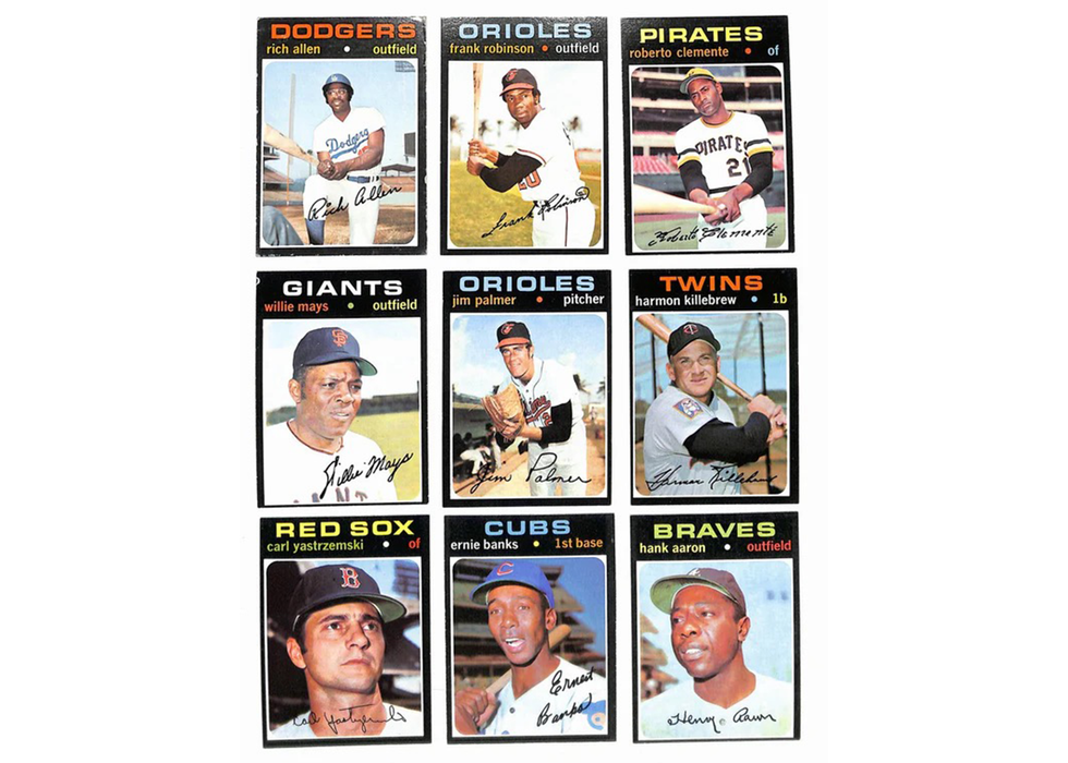 Collection of vintage baseball trading cards featuring players from various teams.