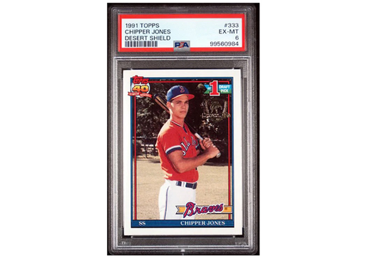 Baseball trading card of Chipper Jones from 1991 Topps with a PSA grading label.