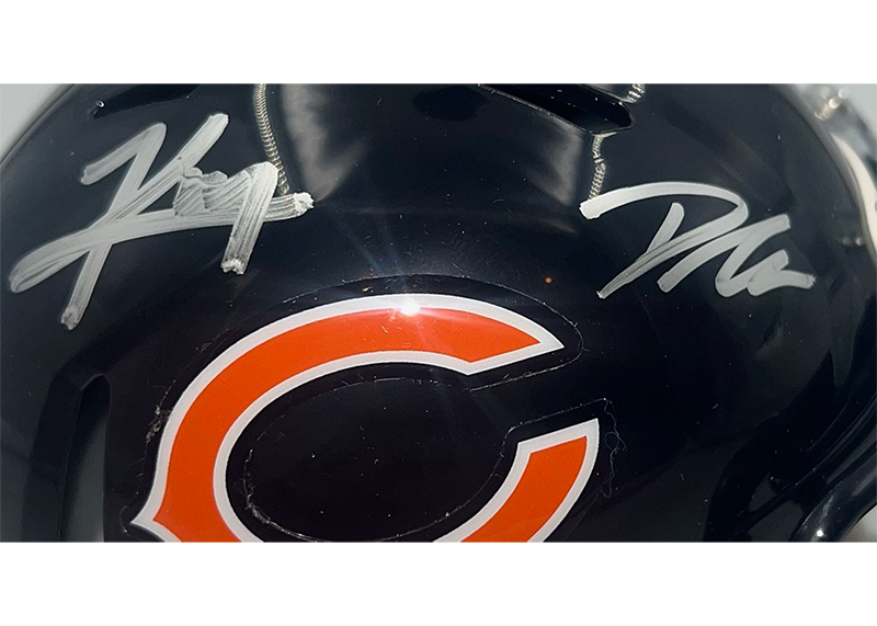 D'Andre Swift and Kyle Monangai Signed Chicago Bears Speed Mini Helmet JSA