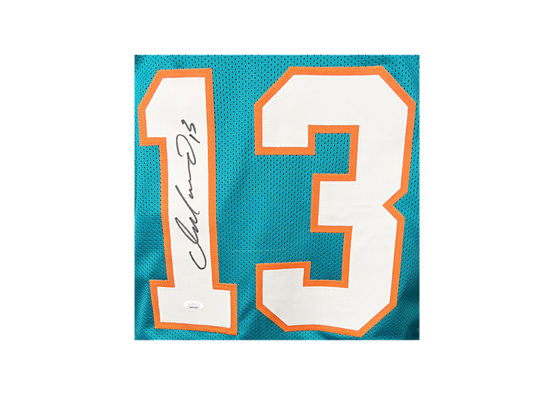 Dan Marino Autographed Teal Custom Stats Football Jersey (JSA)