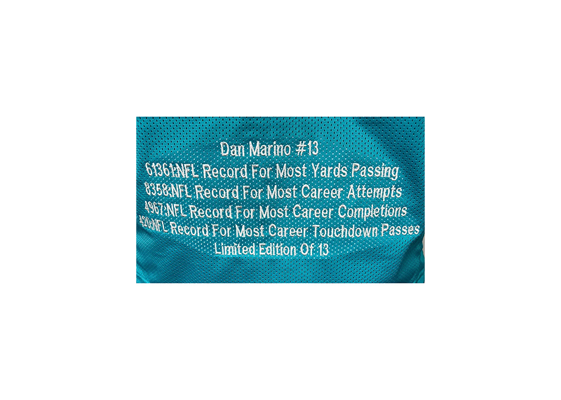 Dan Marino Autographed Teal Custom Stats Football Jersey (JSA)