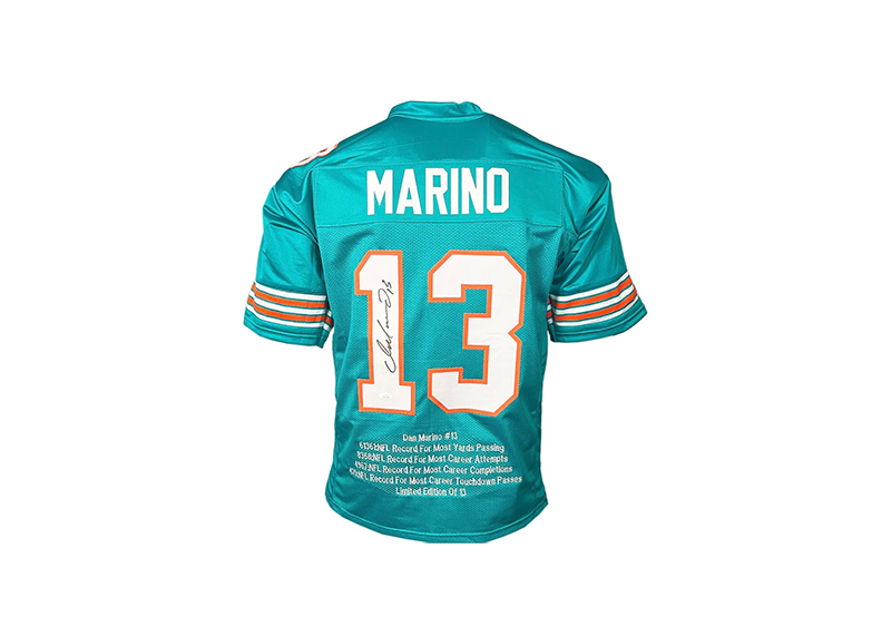 Dan Marino Autographed Teal Custom Stats Football Jersey (JSA)