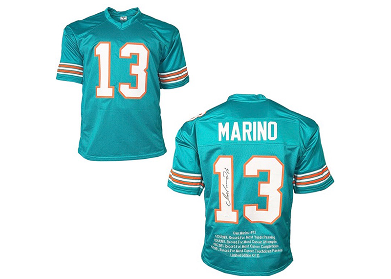 Dan Marino Autographed Teal Custom Stats Football Jersey (JSA)