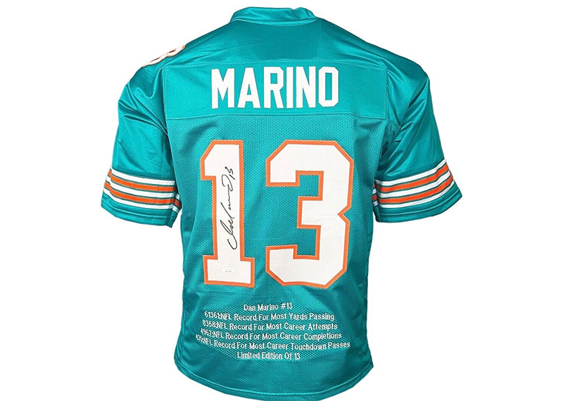 Dan Marino Autographed Teal Custom Stats Football Jersey (JSA)