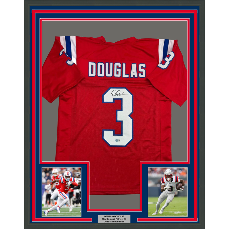 Framed Autographed/Signed DeMario Douglas 35x39 New England Red Football Jersey Beckett BAS COA