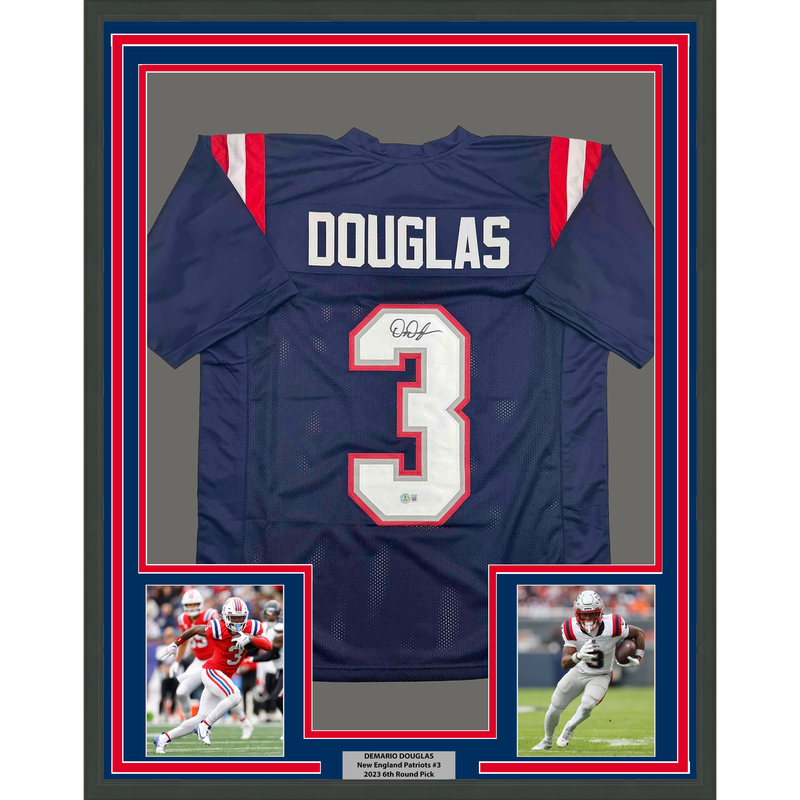Framed Autographed/Signed DeMario Douglas 35x39 New England Blue Football Jersey Beckett BAS COA
