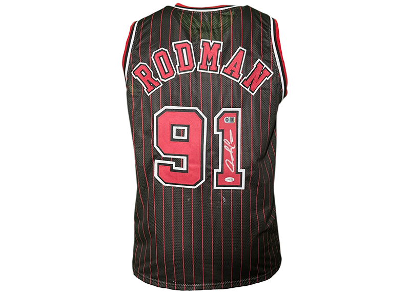 Dennis Rodman Signed Chicago Black Pinstripe Basketball Jersey JSA