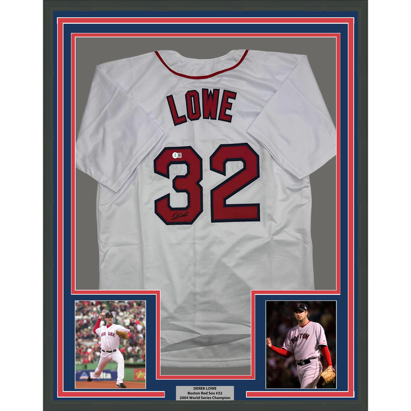 Framed Autographed/Signed Derek Lowe 35x39 Boston White Baseball Jersey Beckett BAS COA