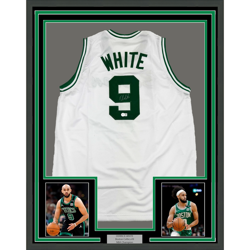 Framed Autographed/Signed Derrick White 35x39 Boston White Basketball Jersey Beckett BAS COA