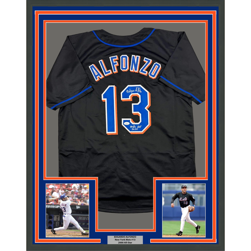 Framed Autographed/Signed Edgardo Alfonzo 35x39 New York Black Baseball Jersey JSA COA