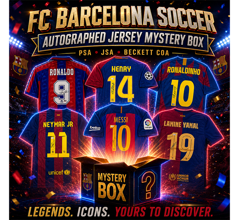 FC Barcelona Autographed/Signed Soccer Jersey Mystery Box with PSA JSA or Beckett COA