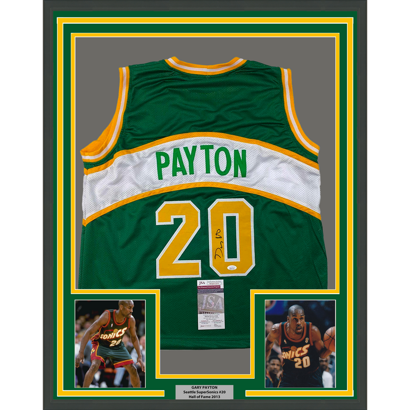 Framed Autographed/Signed Gary Payton 35x39 Seattle Green Basketball Jersey JSA COA