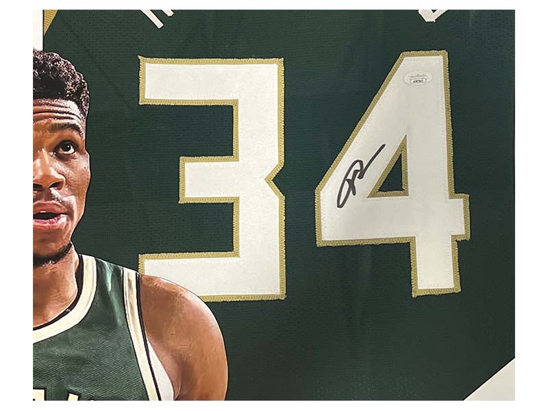 Giannis Antetokounmpo Autographed Framed Green Milwaukee Jersey JSA 40x27