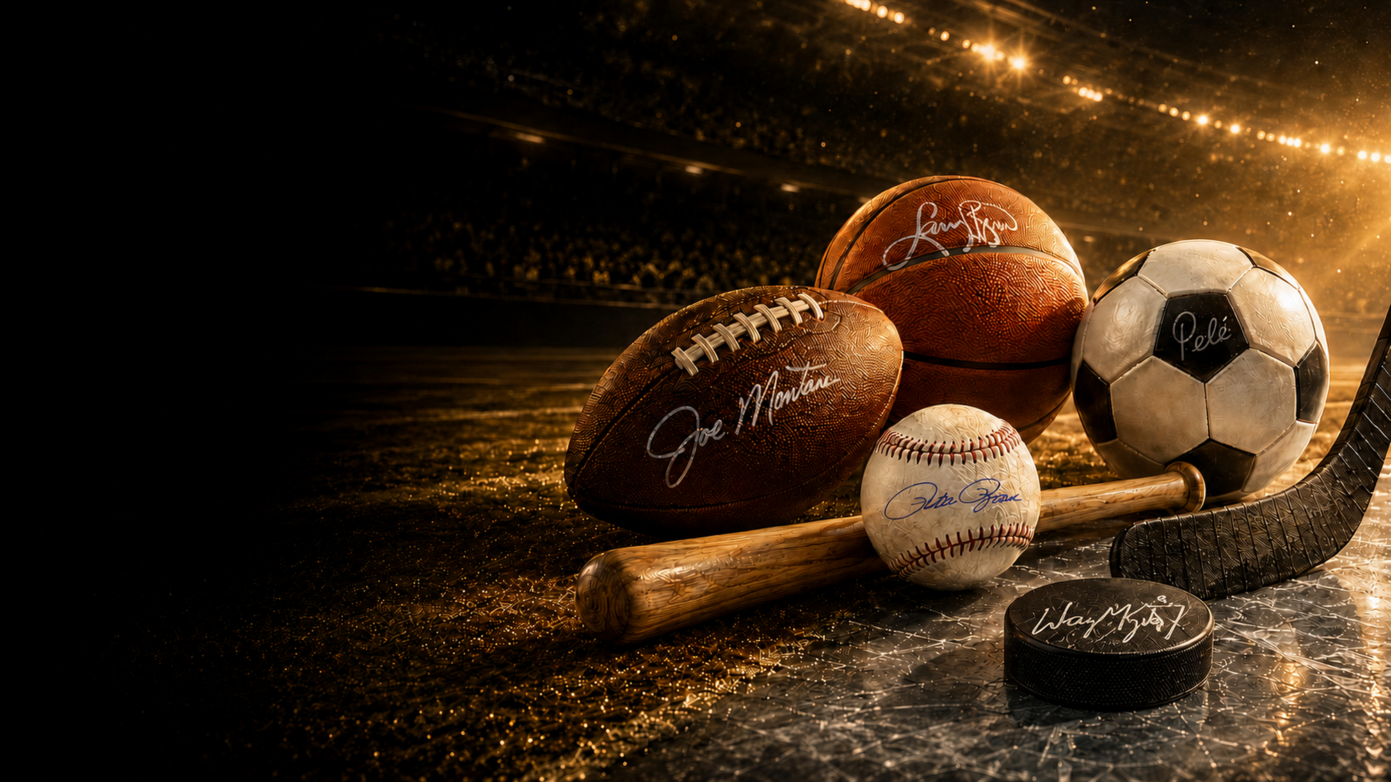Autographed football, basketball, baseball, soccer ball, hockey puck and baseball bat