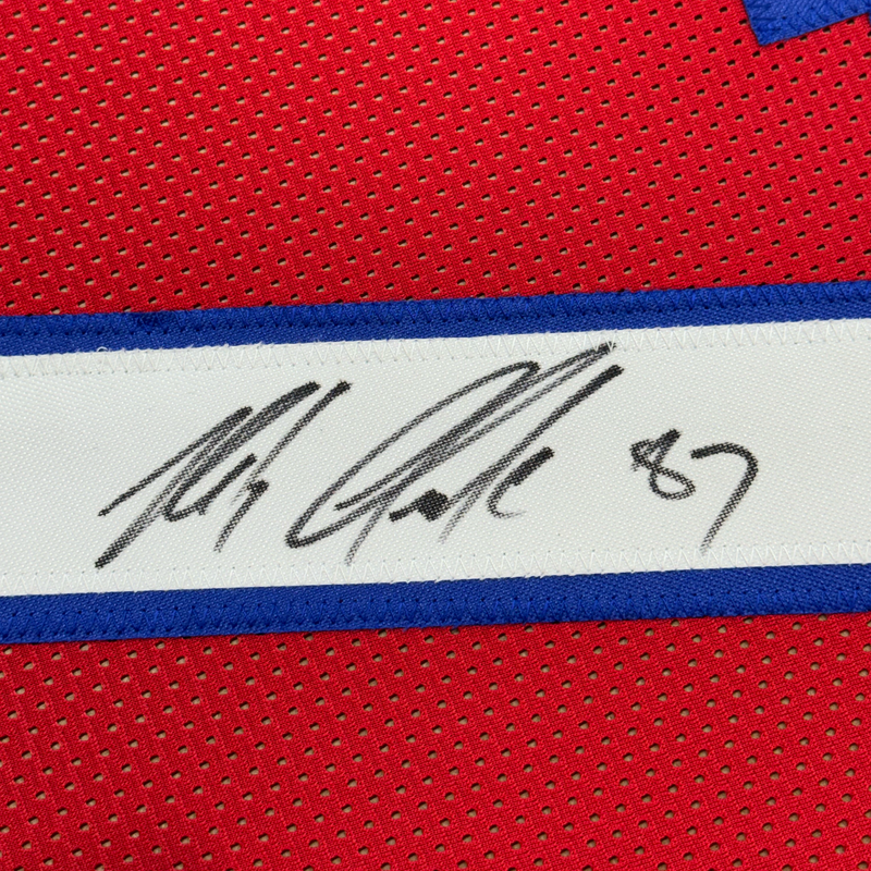 Framed Autographed/Signed Rob Gronk Gronkowski 35x39 New England Red Football Jersey JSA COA